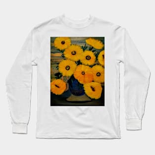 Some abstract sunflowers in a deep blue vintage style vase Long Sleeve T-Shirt